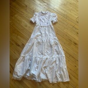 Vintage White Ruffle Maxi Dress with Purple Trim